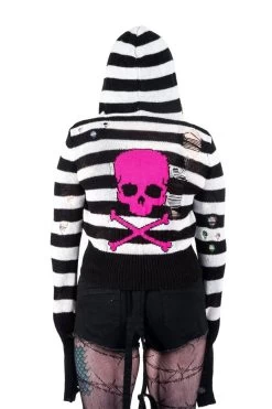 Pink Skull Striped Zip Up Cardigan Sweater