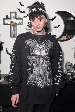 Vampire Castle Sweatshirt W/ Bat Sleeves [BLACK/WHITE] -Alchemy Store Gothic vampire sweatshirt