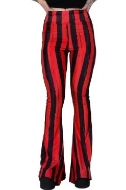 Distressed Striped Hellz Bellz Bell Bottoms [BLACK/RED] -Alchemy Store Red Emo Striped Flares