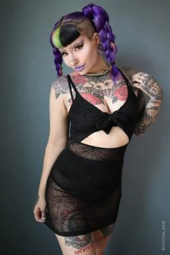 Spiderweb Mesh Front Tie Dress 12 Spiderweb Mesh Front Tie Dress -Alchemy Store Womens Goth Datenight Dress