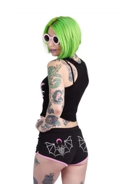 Two Headed Occult Bat Pink Trim Short Shorts 7 Two Headed Occult Bat Pink Trim Short Shorts -Alchemy Store Womens Kawaii Summer Goth Shorts